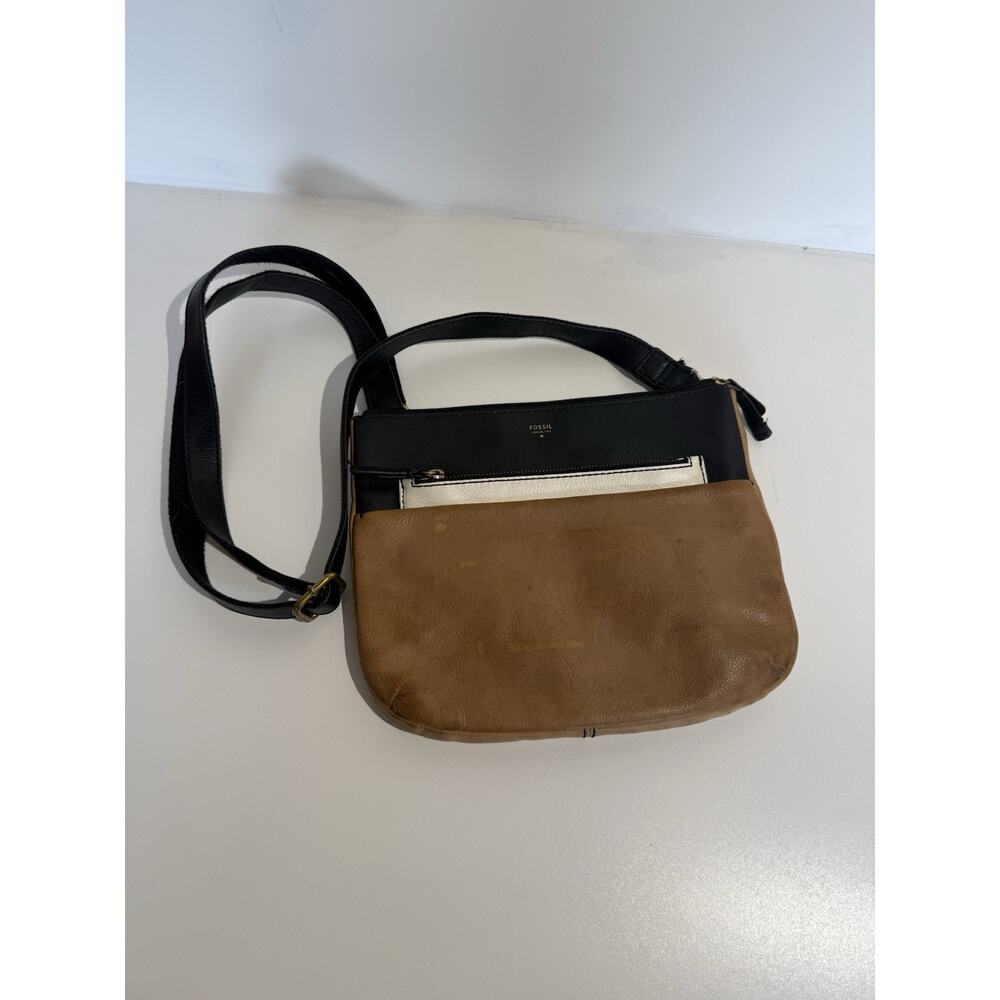 Fossil Tri-Color Leather Crossbody Bag Black White Tan Fiona Small Handbag